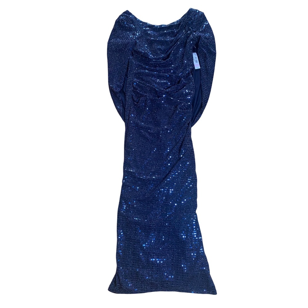 R&M Richards Navy Blue Sequin Cape Sleeve Ruched Evening Gown Dress Size 6 NWT